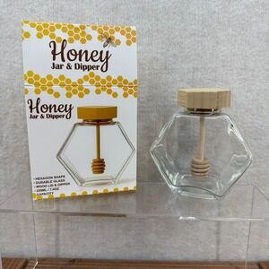 Orbit Honey Jar and Dipper 7oz Hexagon Glass Wooden Lid Spiral